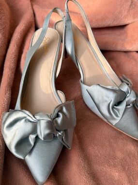 Seychelles Satin Slingback Heels Blue Bow | Pointed Toe Kitten Heel Size 10